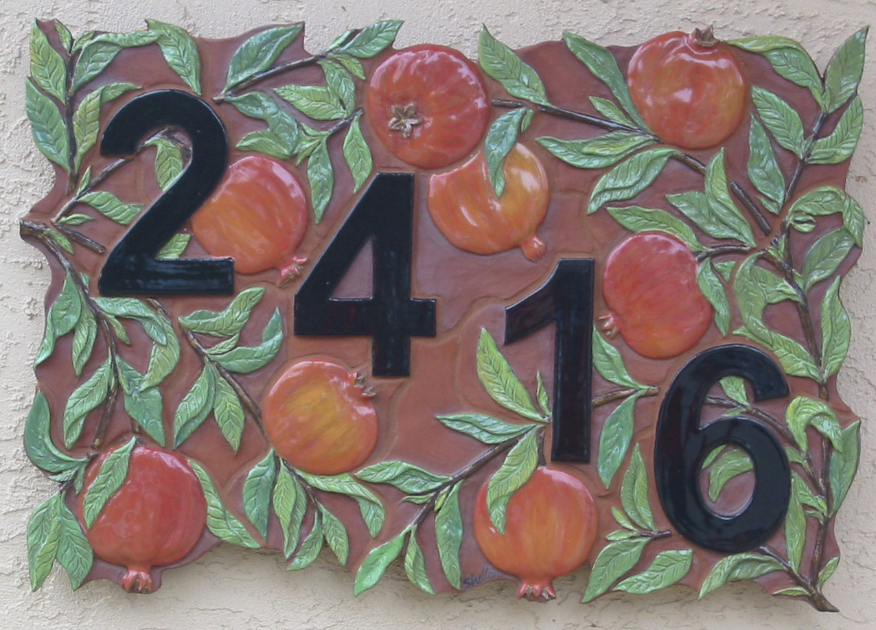 Carved Ceramic House Numbers with Pomegranate Design